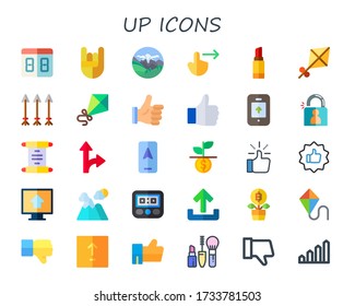 up icon set. 30 flat up icons. Included counter, heavy metal, mountains, swipe right, lipstick, kite, arrows, thumbs up, like, login, scroll, double arrow, arrow, growth icons