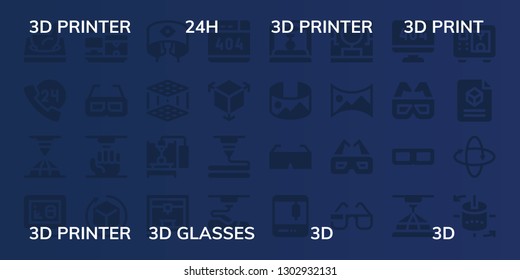   icon set. 32 filled  icons. on blue background style Simple modern icons about - 3d printer, 24h, 3d print, 3d glasses, 360 panorama, panorama 360 printing scanner