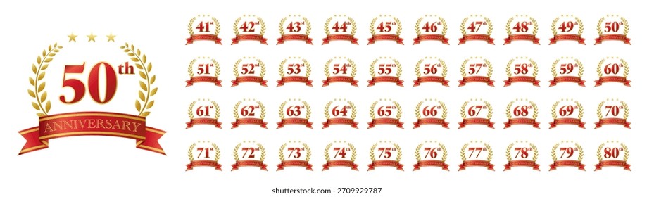 Conjunto de iconos desde el 41 hasta el 80 aniversario. Cinta roja y marco decorativo. Ilustración vectorial sobre fondo blanco.