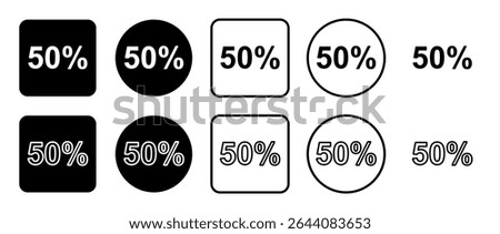 Icon set of 50 percent symbol. Filled, outline, black and white icons set, flat style.  Vector illustration on white background