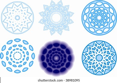 icon set of 6 different snowflakes and symbols