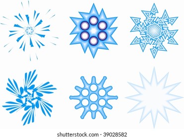 icon set of 6 different snowflakes and symbols