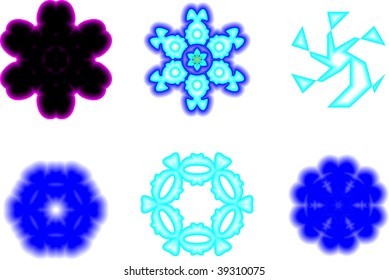 icon set of 6 different snowflakes and symbols