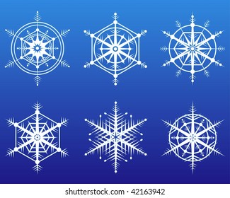 Icon set of 6 different snowflakes . Vector illustration. EPS8, all parts closed, possibility to edit.