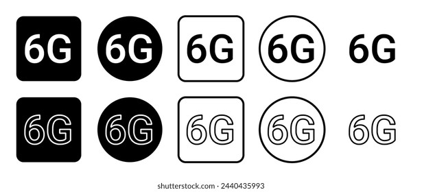 Conjunto de iconos del símbolo 6G. Relleno, contorno, conjunto de iconos en blanco y negro, estilo plano.  Ilustración vectorial sobre fondo blanco