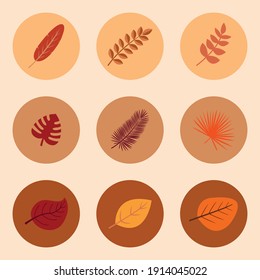 Icon set of 9 circles with different tropical leaves for websites or social media icons