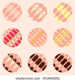 Icon set of 9 circles with different ice creams perfect for social media icons or web