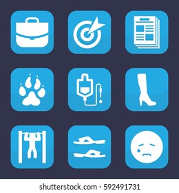 icon icon. Set of 9 filled icon icons such as animal paw, woman boot, slippers, case, crying emot, drop counter, bar   tightening, newspaper
