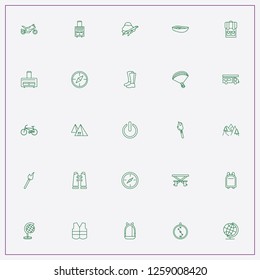 icon set about adventure with keywords travel fly, camping truck and camping tent