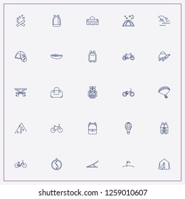 icon set about adventure with keywords springboard, flag on the moon and camping tent with compass