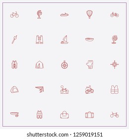 icon set about adventure with keywords bicycle mountain sport, air balloon and camping tent