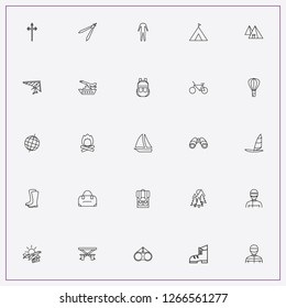 icon set about adventure with keywords bonfire, suitcase and hang glider