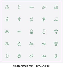 icon set about adventure with keywords climbing safety lock, flippers and camping car