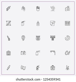 icon set about art with keywords feather with paper, theater mask and theatrical binocular