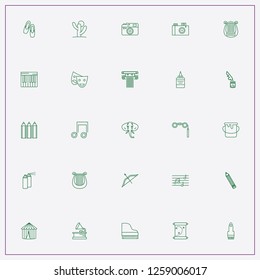 icon set about art with keywords theatrical binocular, music note and cactus