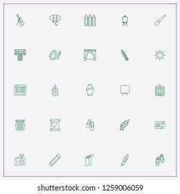 icon set about art with keywords piano keys, architecture and violin