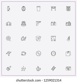 icon set about art with keywords coffee cup, camera lens and video camera film roll