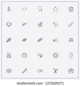 icon set about astronomy with keywords asteroid, saturn planet and space ship