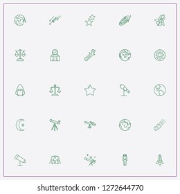 icon set about astronomy with keywords libra, telescope and spaceship
