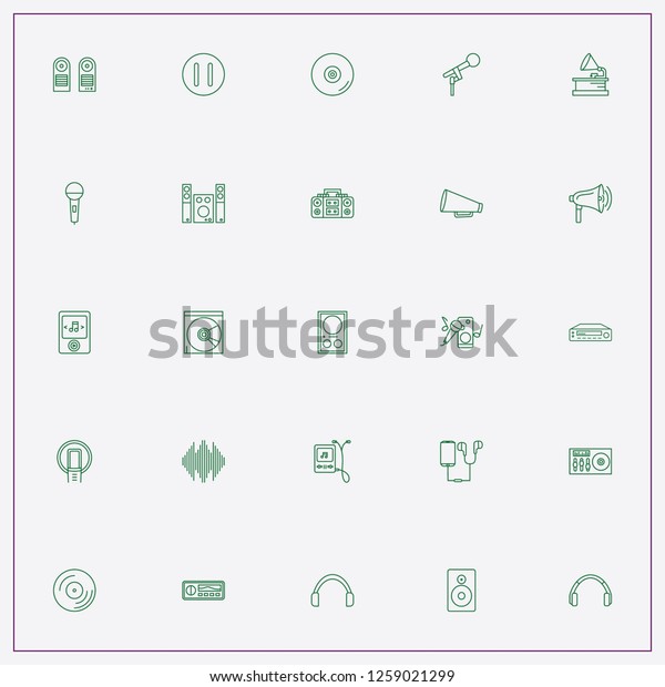 icon set about audio with keywords\
microphone, compact disk and music center\
loudspeakers