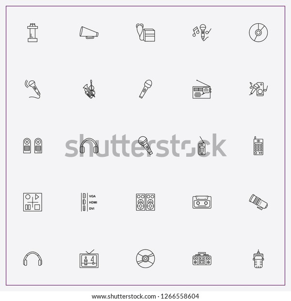 icon set about audio with\
keywords microphone, television ports and reading book with\
earphone