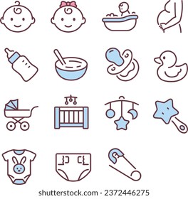 Icon set about baby care items such as pacifier, baby stroller, bodysuit, food, diaper, toy. Isolated on white or transparent background, blue vector illustrations.