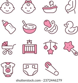 Icon set about baby care items such as pacifier, baby stroller, bodysuit, food, diaper, toy. Isolated on white or transparent background, pink vector illustrations.