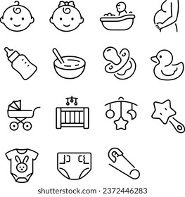 Icon set about baby care items such as pacifier, baby stroller, bodysuit, food, diaper, toy. Isolated on white or transparent background, monochrome vector illustrations.