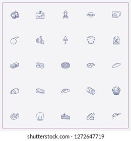 icon set about bakery with keywords bomb, bread and cherry cake piece