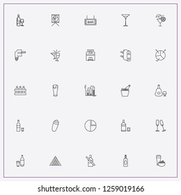 icon set about bar with keywords bar signboard, stemware and percentage graph