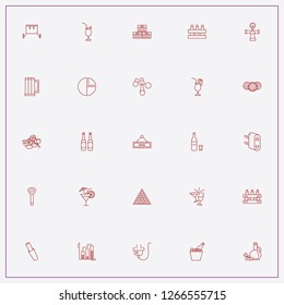 icon set about bar with keywords percentage graph, stemware and case of beer