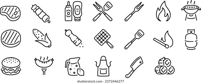 Icon set about bbq barbecue tools and foods such as burger, sausage, pepper, steak, grill, fire, fork, spatula. Isolated on white or transparent background, monochrome vector illustrations.