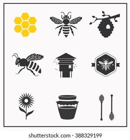 Icon set about bees and apiculture: bee hive, honey, flower and spoon. Vector logotype isolated on white background.