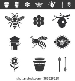 Icon set about bees and apiculture: bee hive, honey, flower and spoon. Vector logotype isolated on white background.