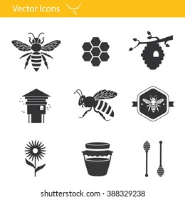 Icon set about bees and apiculture: bee hive, honey, flower and spoon. Vector logotype isolated on white background.