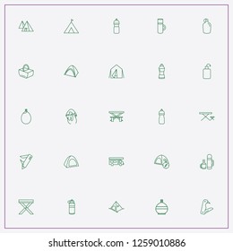 icon set about camping with keywords camping tent with compass, army knife and thermos