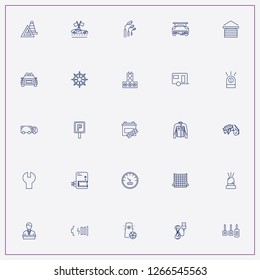 icon set about car with keywords parking sign, hand wheel and trailer