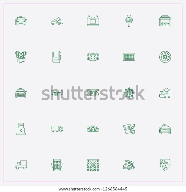 icon set about car with   radar speed, car battery\
and hand wheel