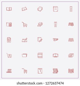 icon set about catalog with keywords lady trousers, books and internet trolley