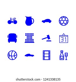 icon set about champagne, super car, cinema and bicycle vector set