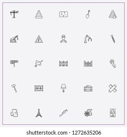 icon set about construction with keywords pyramid toy puzzle, road signboard and hammer