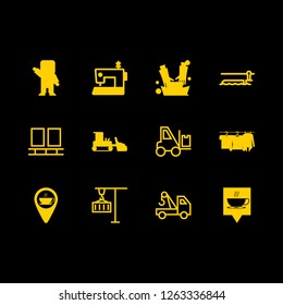  icon set about conveyor, robot, sewing machine and coffee shop pin vector set