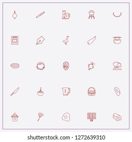 icon set about cooking with keywords whisk, meat on spatula and eggplant