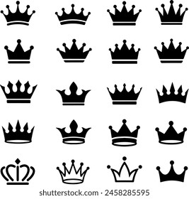 Icon set about crown, king, royal, golden, royalty, jewelry, queen, princess, authority, emperor, majestic. Thin line icons, flat vector illustrations, isolated on white, transparent background