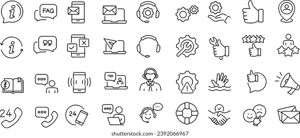 Symbol für Kundensupport, Kundenrückmeldung und Kundenzufriedenheit. Dünne Zeilensymbole, flache Vektorgrafiken einzeln auf weißem, transparentem Hintergrund
