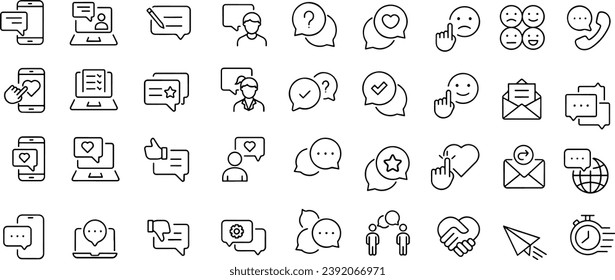 Conjunto de iconos sobre la línea de asistencia al cliente, comentarios del cliente y satisfacción del cliente. Iconos de línea delgada, ilustraciones vectoriales planas, aisladas en fondo blanco y transparente
