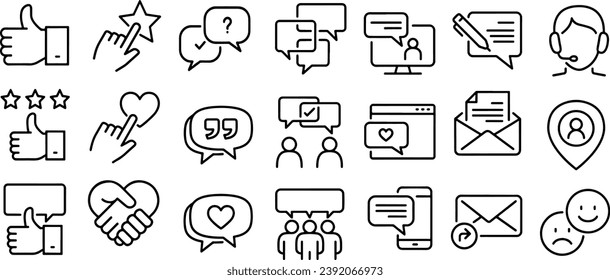 Icon set about customer support line, customer feedback and customer satisfaction. Thin line icons, flat vector illustrations, isolated on white, transparent background
