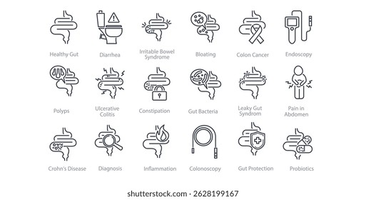Conjunto de iconos sobre la enfermedad y el dolor intestinal. Ilustraciones en línea de afecciones estomacales, intestinales y digestivas como colitis, cáncer, SII e inflamación.