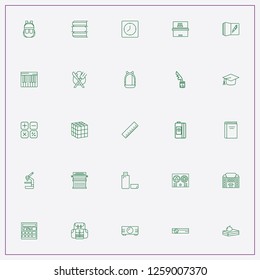 icon set about education with keywords projector, wall clock and microscope
