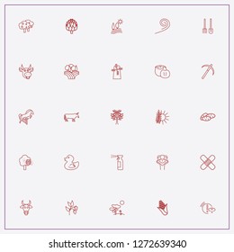 icon set about farm with keywords scythe, baby duck and artichoke